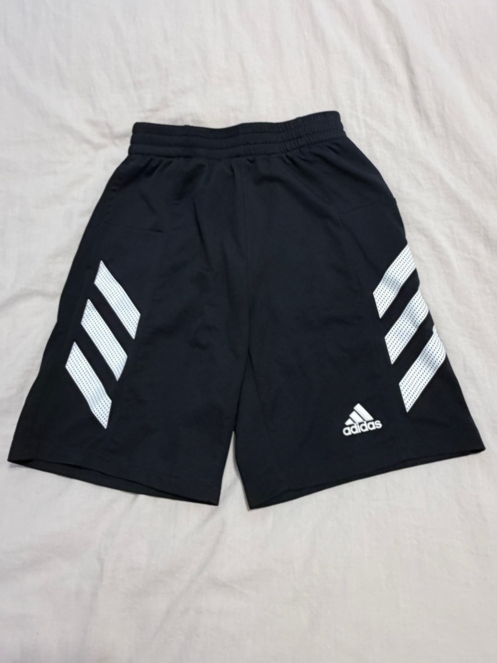 Adidas Youth Black Athletic Shorts with White Three-Stripes Size Medium 10/12
